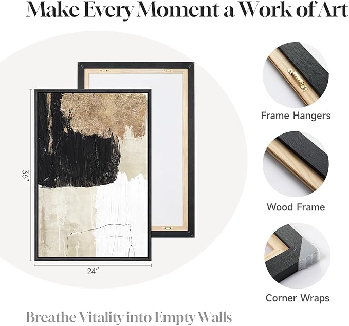 Framed Black and White Abstract Wall Art for Living Room, Large Gold 3 Piece Modern Canvas Prints Artwork for Walls, Black White and Gold Minimalist Paintings for Hallway Office Wall Decor, 24x36 Inch