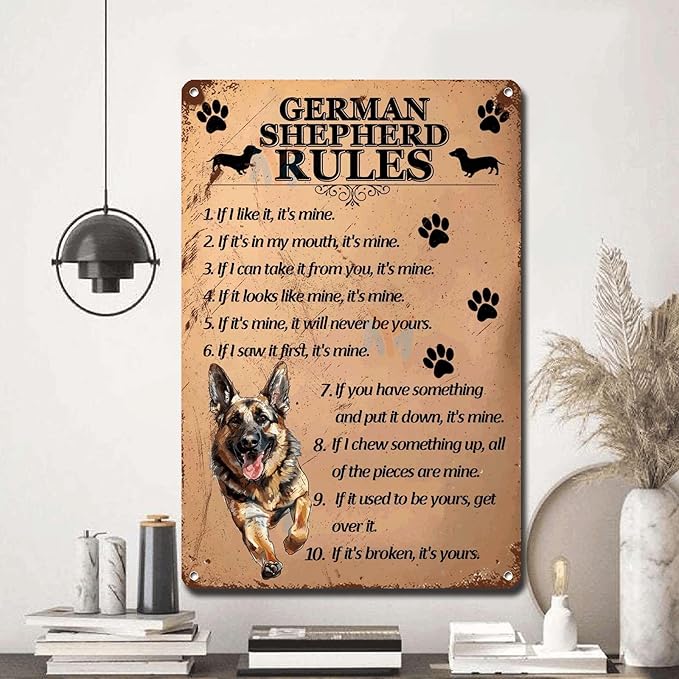 Metal Sign Tin Sign Vintage Wall Art German Shepherd Rules Funny Garden Signs for Pub 6×8 Inches