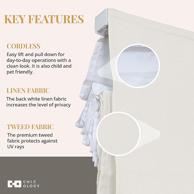 CHICOLOGY Cordless Roman Shade for Windows & French Doors, Ridgewood Cream, Privacy + Light Filtering Linen Look Fabric w/ White Liner, True to Size, Inside/Outside Mount, 27" W x 72" H