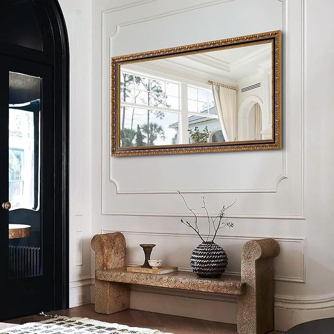 Chende Large Gold Mirror for Wall, 52''x28'' Decorative Wall Mirror with Ornate Carvings Wood Frame, Rectangle Vintage Mirror for Dining Room, Entryway, Bathroom, Living Room