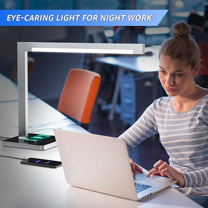 Aluminum LED Desk Lamp with Charging Station, 15W Table Lamp with Type-C Ports & 4 Color Temperature Modes(3000K-6000K), Dimmable Reading Light for Home Office,Bedroom (Includes Adapter)