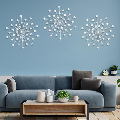 DXYAKY Set of 3 Modern Starburst Wall Decor, Metal Wall Sculpture with Crystal Accents, Silver 3D Wall Art for Living Room, Bedroom & Home, Elegant Hanging Wall Decoration