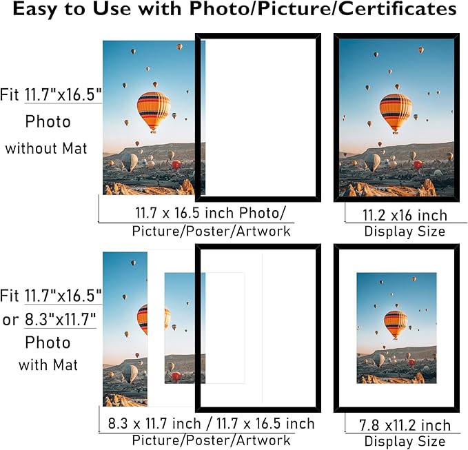 JCJMY 11.7x16.5 A3 Picture Frame Set of 6 Black with A4 Mat, Display Photo 8.3x11.7 with Mat or 11.7 x 16.5 Without Mat, Wall Hanging Large Frame with Plexiglass, 6 Pack, Black