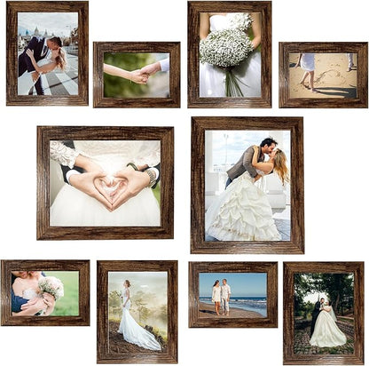 xnlkros Picture Frame Set 10 pack, Farmhouse Photo Frames, Gallery Wall Frame Collage, 8x10 5x7 4x6 Frames in 3 Different Finishes Picture Frames For Wall or Desk,Dark Brown