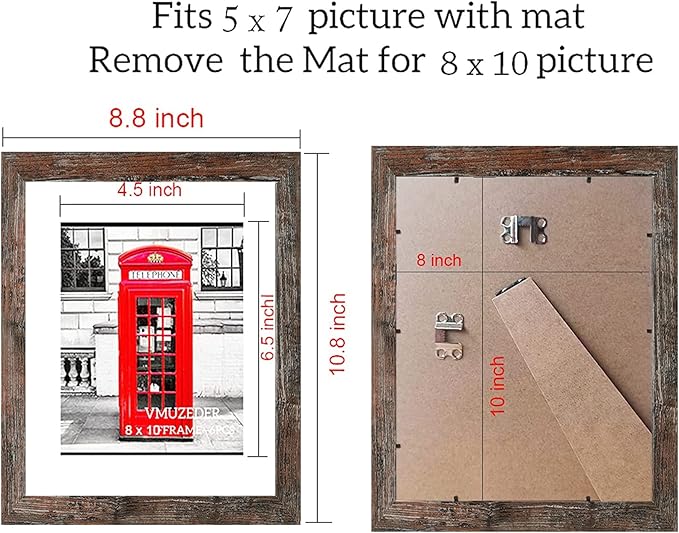 8x10 Picture Frame Rustic Brown Set of 6,Display Pictures 5x7 with Mat or 8x10 Without Mat for Wall Mounting or Table Top Display, Photo Frames Collage for Wall