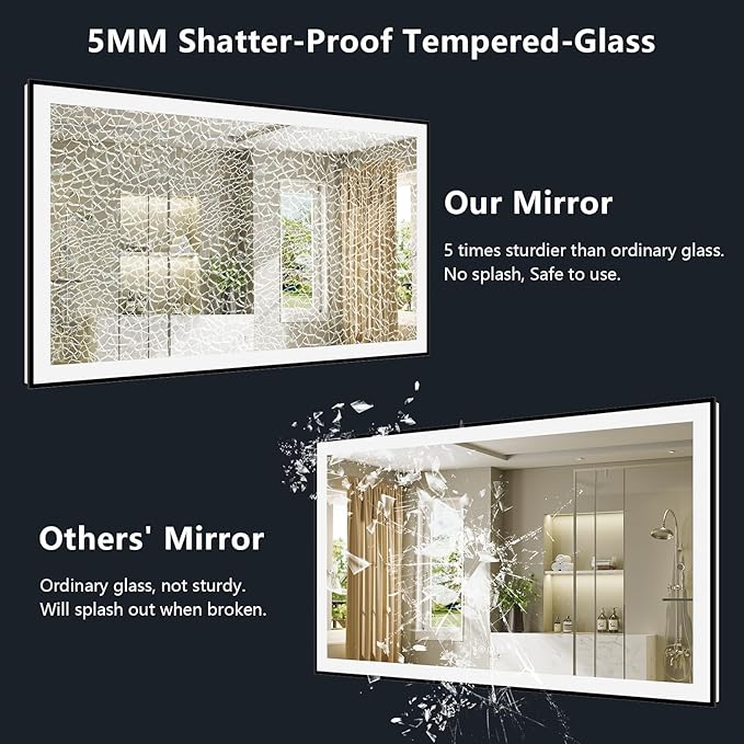 72x36 Inch LED Bathroom Mirror with Lights (Front Lit and Backlit) Black Framed Lighted Vanity Mirror for Bathroom Wall Dimmable Anti-Fog Memory Tempered Glass Horizontal/Vertical