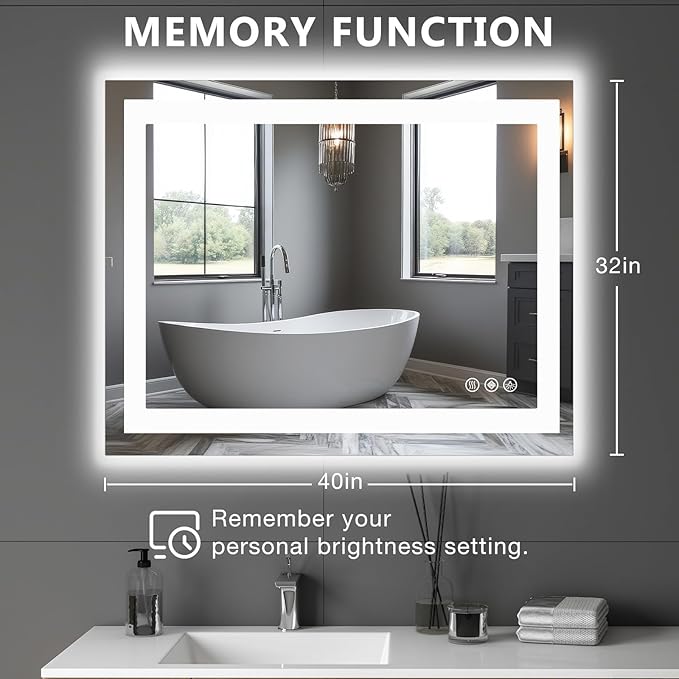 DUMOS 32.1"x40.1" LED Bathroom Mirror, Smart Anti-Fog Bathroom Vanity Mirror with Front Light & Backlit, 3 Color Temperatures, Dimmable, Memory Function
