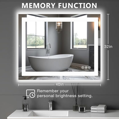DUMOS 32.1"x40.1" LED Bathroom Mirror, Smart Anti-Fog Bathroom Vanity Mirror with Front Light & Backlit, 3 Color Temperatures, Dimmable, Memory Function