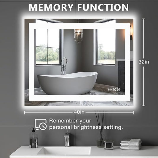 DUMOS 32.1"x40.1" LED Bathroom Mirror, Smart Anti-Fog Bathroom Vanity Mirror with Front Light & Backlit, 3 Color Temperatures, Dimmable, Memory Function