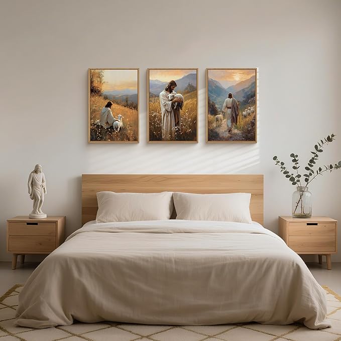 HOURIA Jesus Christ Easter Leaves The 99 Sheep Framed Canvas Wall Art Set,Christian Embraces The Lost Sheep Decor,Religious Bible Verse Resurrection Artwork for Church,Prayer Room,Home- 24"x36"x3