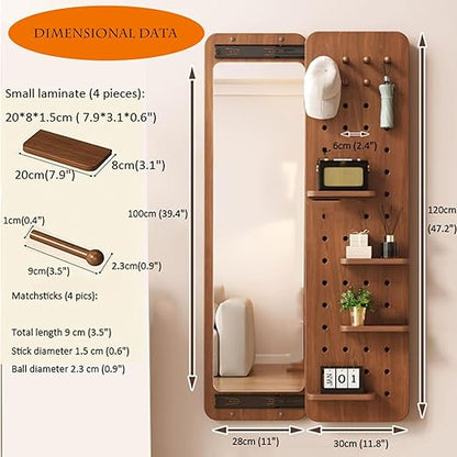 Full Length Mirror with Shelf and Hooks,Hide Wall Mounted Mirror,Sliding Pegboard Wood Mirror, for Entryway, Living Room,Bedroom,Dressingroom, Decor (Natural Wood Color)