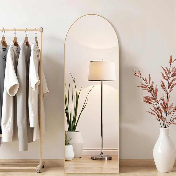 Arched Mirror Full Length, Upgraded 16"x59" Body Wall Mirrors with Shatter-Proof Glass, Floor Standing, Hanging or Leaning, Tall Arch Mirror with Stand Aluminum Alloy Frame for Bedroom, Gold