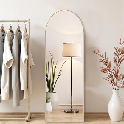 Arched Mirror Full Length, Upgraded 16"x59" Body Wall Mirrors with Shatter-Proof Glass, Floor Standing, Hanging or Leaning, Tall Arch Mirror with Stand Aluminum Alloy Frame for Bedroom, Gold