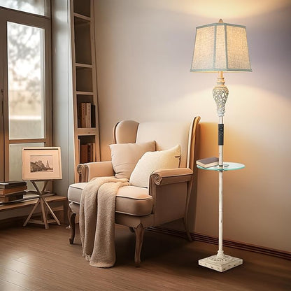 LuxSight Collection Rustic Floor Lamp, Living Room Lamps with Glass Tray, stepless diming Floor Lamp with Remote Control and USB A&C Charging Ports for Living Room Bedroom Office Smart Bulbs Included
