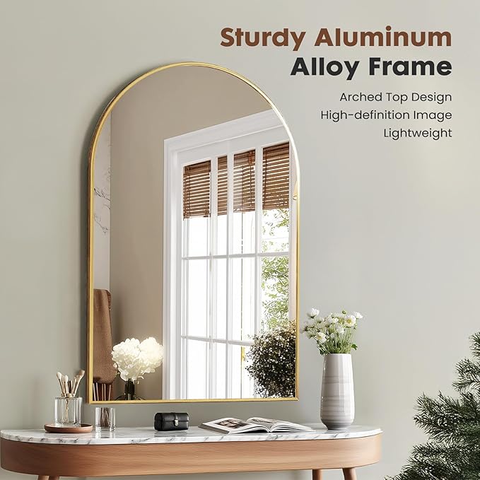 Dewfig Arched Wall-Mounted Mirror, 26"x38" Arch Bathroom Mirror, Gold Vanity Mirror for Wall Décor, Wall Mirror with Metal Frame for Bedroom, Entryway, Living Room, Brushed Gold