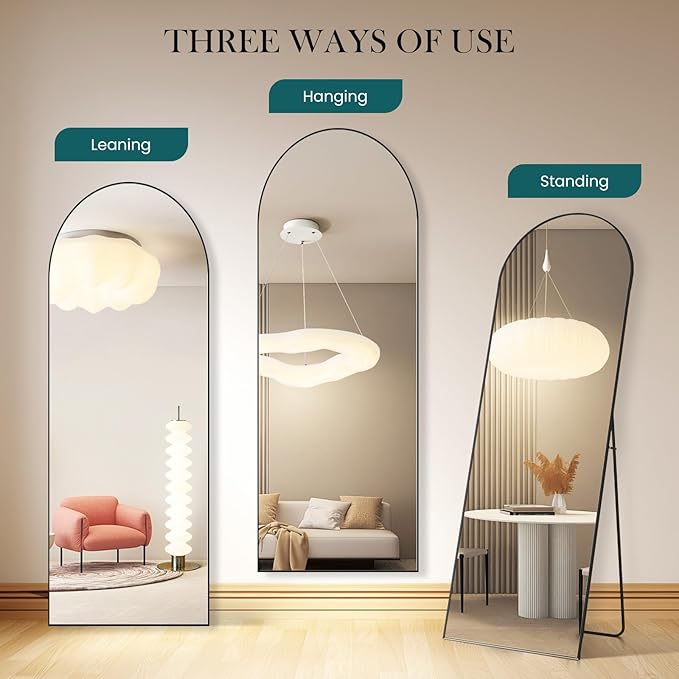 NEWBULIG Arched Mirror Full Length, 64"x21" Full Body Floor Mirrors with Shatter-Proof Glass, Upgraded Standing Wall Mirror, Hanging or Leaning, with Stand Aluminum Alloy Frame for Home Decor, Black