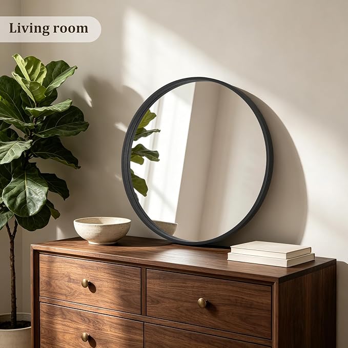 HOMECOOKIN Round Wood Mirror 24 inch Circle Mirror, Rustic Farmhouse Wooden Framed Decorative Wall Decor, Vanity Wall Mirror for Bathroom, Bedroom, Entryway, Living Room (Black)