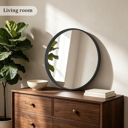 HOMECOOKIN Round Wood Mirror 24 inch Circle Mirror, Rustic Farmhouse Wooden Framed Decorative Wall Decor, Vanity Wall Mirror for Bathroom, Bedroom, Entryway, Living Room (Black)