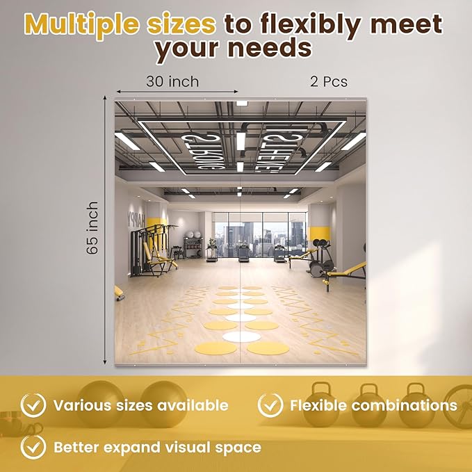 LOAAO Home Gym Mirror, 65"x30"-2 PCS Gym Mirrors for Wall, Frameless, Tempered Glass, Large Workout Mirrors for Home Gym, Dance Studio, Yoga Room, Garage Gym