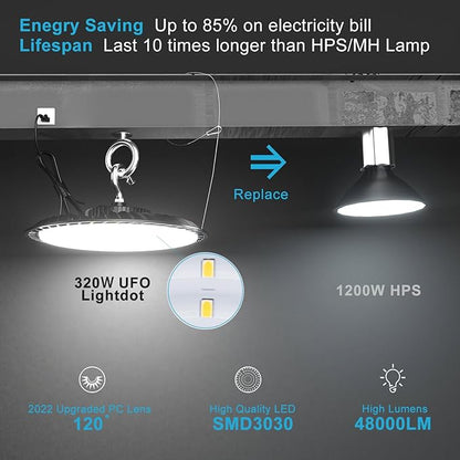 Upgrade Smart High Bay LED Shop Light 250W 5000K UFO LED High Bay Lights AC100-277V UFO Lights for 30~55FT Height Warehouse/Shop-1Pack
