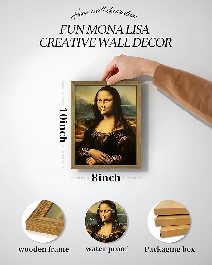 XYHYRA Funny Mona Lisa Bathroom Wall Art, Mona Lisa with Clothespin Nose Painting Print, Vintage Humorous Restroom Wall Decor Canvas Poster for Toilet Bathroom Home Decor 8x10 Inch Framed