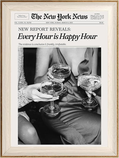 ASTRDECOR Framed Trendy NewsPaper Wall Art - Every Hour is Happy Hour, Retro News Prints Posters, New York Times Canvas Prints for Bar Cart Dorm Living Room Apartment Home Decor 12x16in