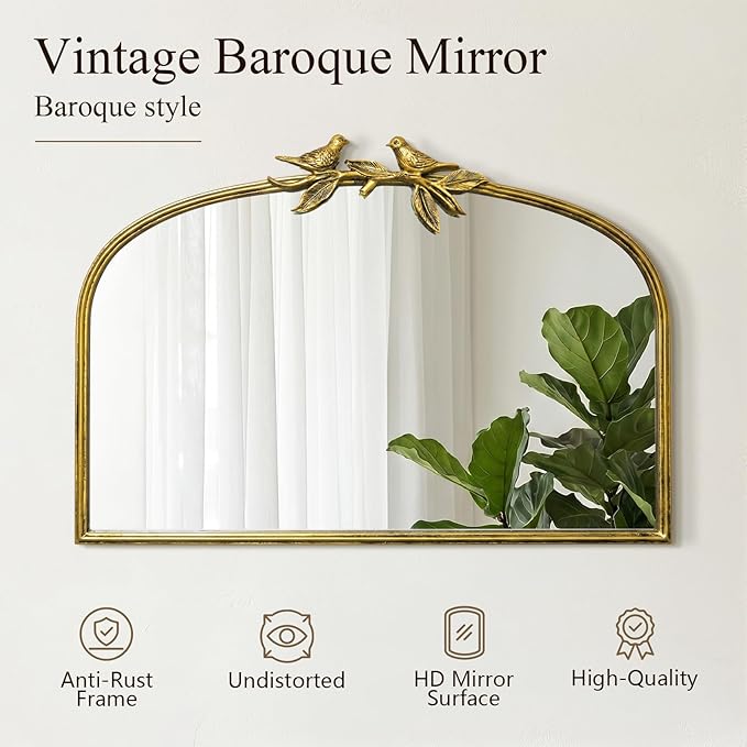 Antique Baroque Vintage Vanity Mirror 20x30Inch, Gold with Ornate Antique Frame, Arched Vintage Wall Mirror for Living Room, Fireplace, Entryway