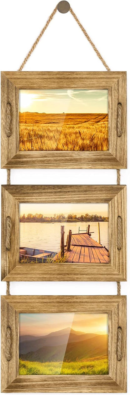 DLQuarts 5x7 Hanging Picture Frames Collage Wall Decor, 3-Opening Photo Frames 5x7 without Mat & 3.5x5 with Mat, Rustic Wood, Carbonized Black