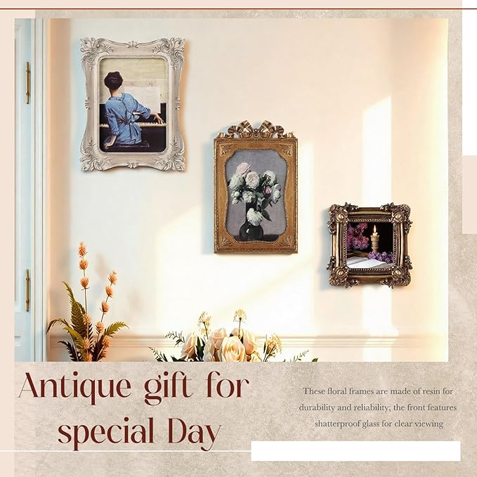 Wonderjune 7 Pcs Vintage Picture Frames Set with Glass Front Antique Gold Gallery Wall Frames 7x9 6x8 5x7 4x6 2x3, Baroque for Home Decor Photography Props Gifts, Wall or Tabletop (Victorian)