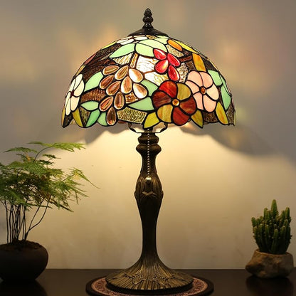 Tiffany Lamp Stained Glass Table Lamp 12 x 19” Grape Style Decorative Lamp Bedside Reading Light for Desk Living Room Bedroom Office Study Light Home Decor Gift