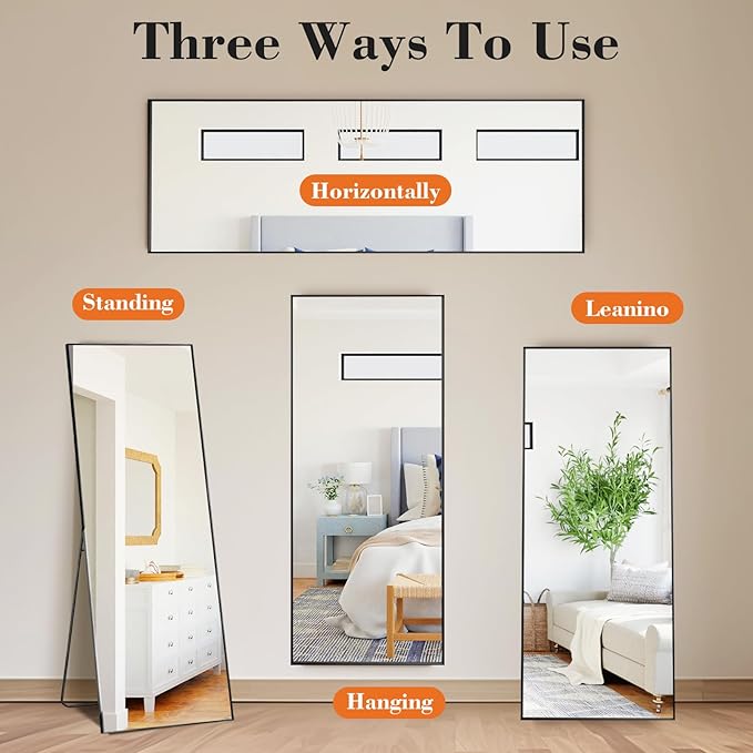 Sweetcrispy 56"x21" Full Length Mirror, Full Body Mirror with Aluminum Alloy Thin Frame, Leaning or Standing, Suitable for Bedroom, Livingroom, Cloakroom, Black