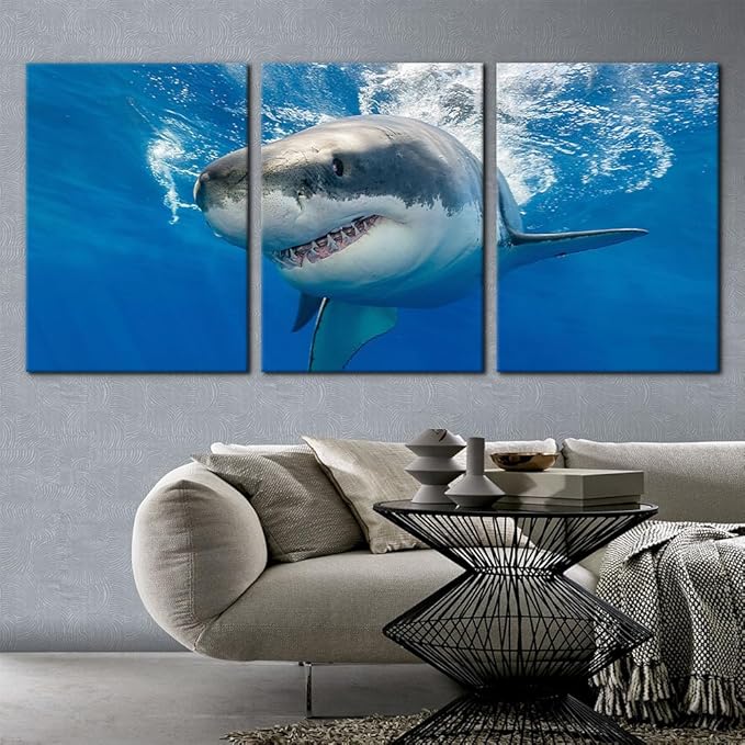 3 Piece Blue Wall Art Painting Great White Shark Catching Fish At Guadalupe Island Pictures Prints on Canvas Animal The Picture Decor for Home Modern Decoration for Living Room - 20"x28"x3 Panels