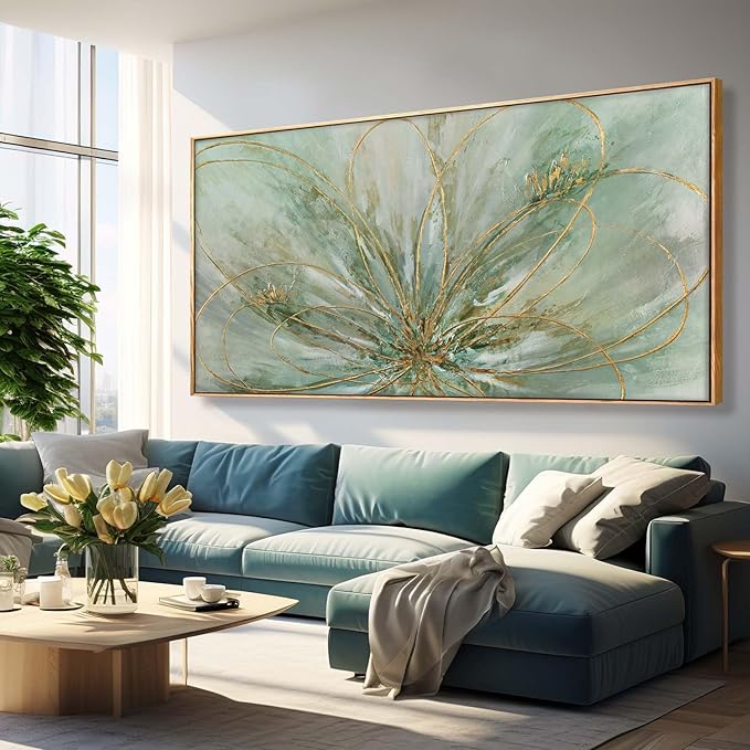 YJYart Abstract Canvas Wall Art Gold Line Wall Posters Green Wall Decor 36"x70" Oversized Artwork for Bedroom Dining Room Walls