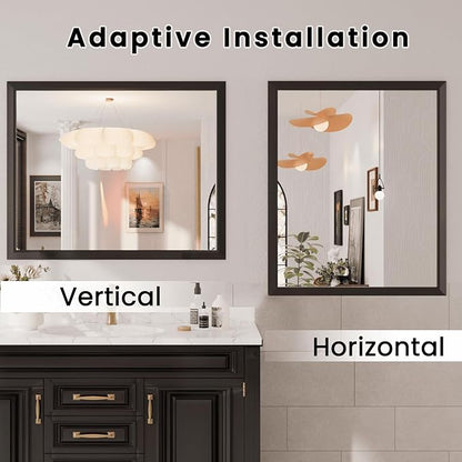 Amorho Bathroom Mirror Black, 28x32 Inch Thick Metal Framed Wall Mirrors, Suitable or Bedroom, Living Room, Entryway, Rectangle Wall-Mounted Mirrors(Horizontal/Vertical).