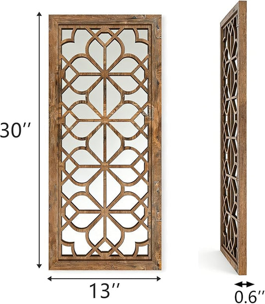 Set of 2 13x30 Inch Large Redbrown Shatterproof Carved Floral Wood Frame Wall Mirrors, Boho Farmhouse Rustic Accent Mirrors for Living Room Bedroom Bathroom & Home Decor