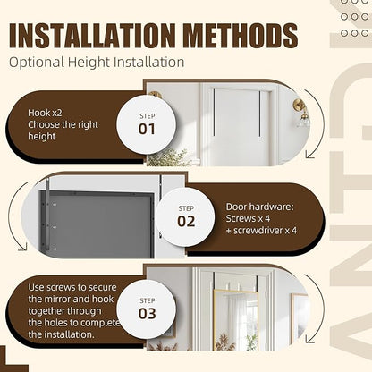 Antok Over The Door Mirror Full Length, 49'' x 14''Wall Mounted Hanging Mirror, Aluminum Alloy Frame, Shatterproof Glass, No Drill Installation for Bedroom, Closet, Bathroom, Dorm, Rect Corner,Black
