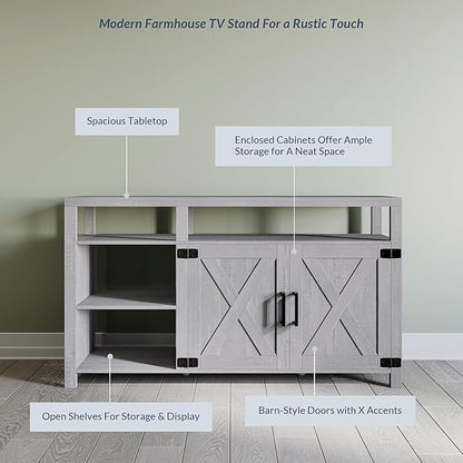 BELLEZE 58" TV Stand for TVs Up to 65", Modern Entertainment Center & TV Cabinet with Storage Shelves and Cabinet, Wood Storage Cabinet Media Console Table for Living Room Bedroom, Stone Grey