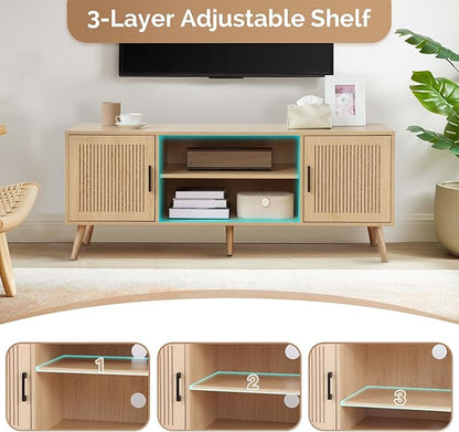 Modern TV Stand for 65 Inch TV, Entertainment Center with 2 Storage Cabinets and Adjustable Shelf, Solid Wood Feet, 4 Cord Holes, Groove Stripe Media TV Console Table for Living Room Bedroom (Natural)