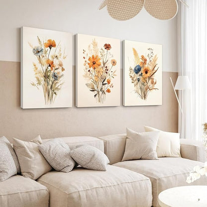 Botanical Floral Wall Art Set of 3 Vintage Wildflower Canvas Wall Decor Watercolor Rustic Farmhouse Wall Art Aesthetic Botanical Pictures Vintage Floral Prints for Bedroom 24x36 Inch Ready to Hang
