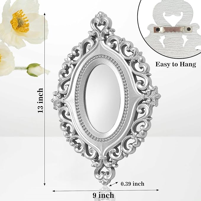 2 Set Oval Wood Carved Wall Mirror Baroque 3D Relief Rustic Home Decor Small Decorative Hanging Mirrors for Living Room, Bedroom Entrance Wall Sculpture
