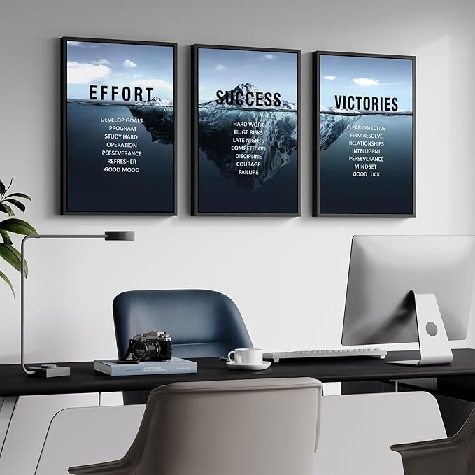 Framed Motivational Wall Art for Office Decor, Set of 3 Inspirational Modern Iceberg Canvas Wall Art Prints, Navy Blue Positive Quotes Pictures for Home Office Gym Library Wall Decor, 16x24 Inch