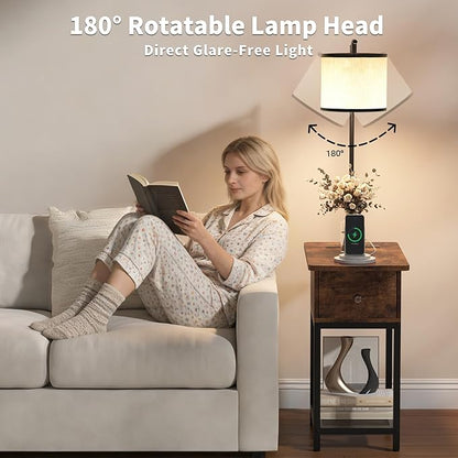 runjuly Floor Lamp with Table, Side Table with Lamp Attached, Narrow End Table with LED Lights and Charging Station, Nightstand with Wood Drawer for Living Room, Bedroom, Rustic Brown