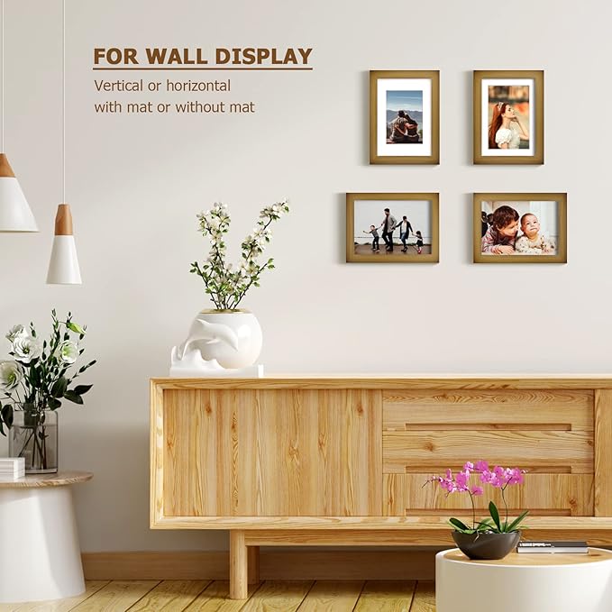 KINLINK 5x7 Picture Frame Brown, Solid Wood Frames with Acrylic Plexiglass for 3.5x5/4x6 with Mat or 5x7 without Mat, Tabletop and Wall Display Photo Frame Set of 4