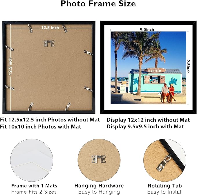 JCJMY 6 Pack 12.5x12.5 Record Frame with 10x10 Mat for Vinyl Record Album Cover Poster, Display Picture 10x10 with Mat or 12.5 x 12.5 Without Mat, Wall Hanging Vinyl Frames, 6 Pack, Black
