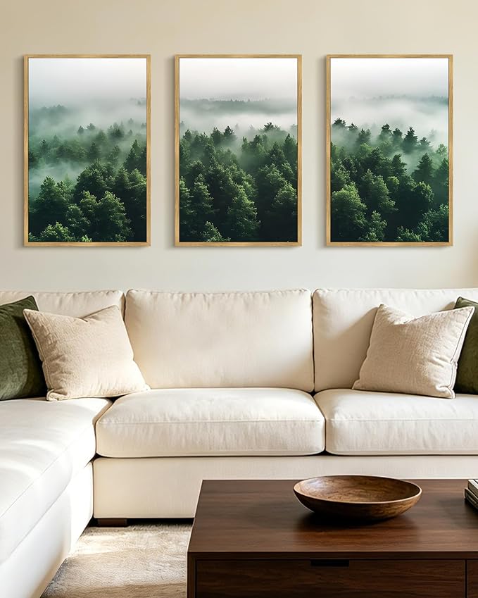 PHOPAGO Green Fog Pine Tree Framed Wall Art Large 16x24in Nature Misty Nordic Forests Artwork Morden Paints Bedroom Living Room Home Decor - Natural Framed