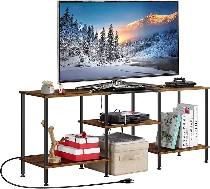 OYEAL Small TV Stand for Bedroom up to 50 inch Farmhouse TV Media Entertainment Center with Power Outlets & Storage Shelf Rustic TV Console Table for Living Room, Rustic Brown