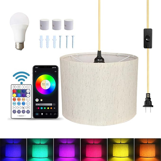 ZSLAIFU 15FT Plug in Pendant Light, Hanging Lamp with Switch, Flaxen Hanging Lights with Plug in Cord, Pendant Lamp with Remote Control，Pendant Light Fixture for Living Room Bedroom Farmhouse