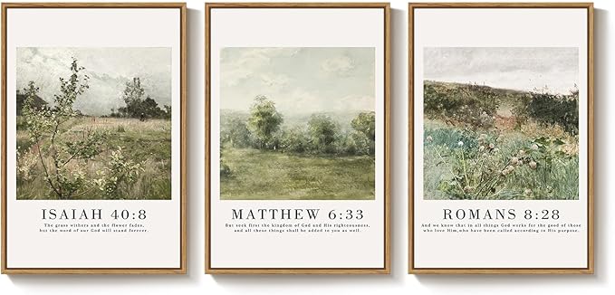 Framed Vintage Christian Wall Art Set of 3, Rustic Wildflower Landscape Bible Verse Canvas Prints, Neutral Beige Scripture Decor for Living Room Bedroom Office Prayer Room, 16x24 Inch