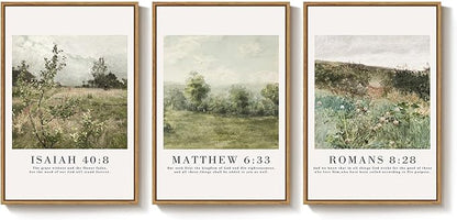 Framed Vintage Christian Wall Art Set of 3, Rustic Wildflower Landscape Bible Verse Canvas Prints, Neutral Beige Scripture Decor for Living Room Bedroom Office Prayer Room, 16x24 Inch