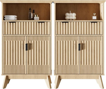 Fatmok Buffet Cabinet with Storage Seto of 2, 40" Modern Fluted Coffee Bar Cabinet with Drawer & Open Shelf, Wood Buffet Sideboard Console Table for Entryway, Kitchen, Living Room (Natural Wood)